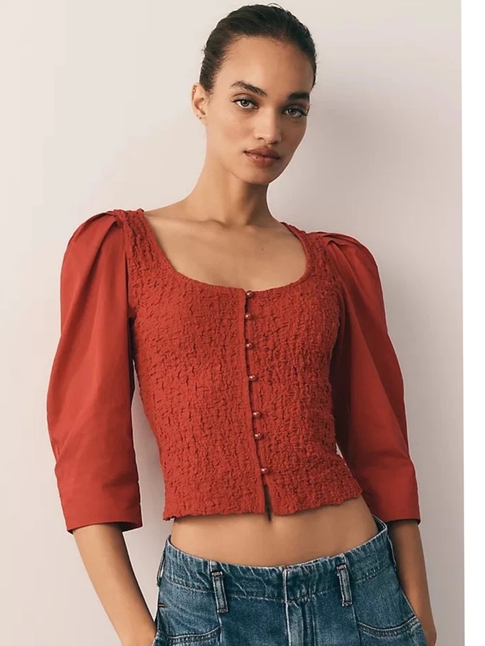 Anthropologie Puff Sleeve Square Neck Smocked Red Cardigan Top Size L